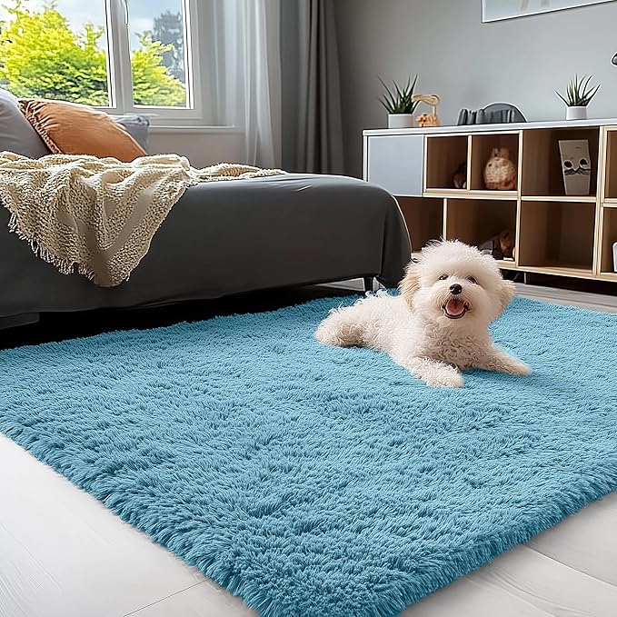 OLANLY 3x5 Machine Washable Small Bedside Rug, Soft Fluffy Shaggy Rugs for Living Room, Bedroom, Indoor Floor Carpet for Kids Girls and Boys, Preppy Dorms, Nursery, Home Decor Aesthetic, Slate Blue