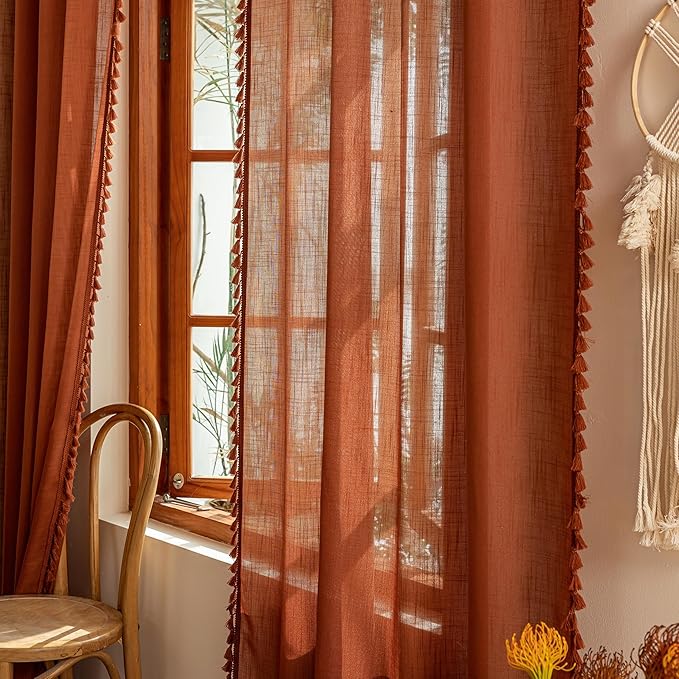 MYSKY HOME Semi Sheer Short Macrame Curtains for Window Treatment,Bohemian Country Home Decor Light Filtering Privacy Protect Back Tab Drapes，50" W×63" L, Terracotta, 2 Pieces