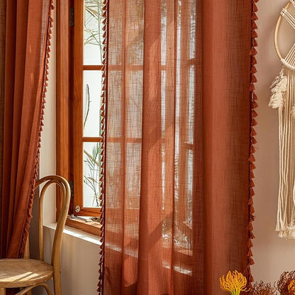 MYSKY HOME Semi Sheer Short Macrame Curtains for Window Treatment,Bohemian Country Home Decor Light Filtering Privacy Protect Back Tab Drapes，50" W×63" L, Terracotta, 2 Pieces