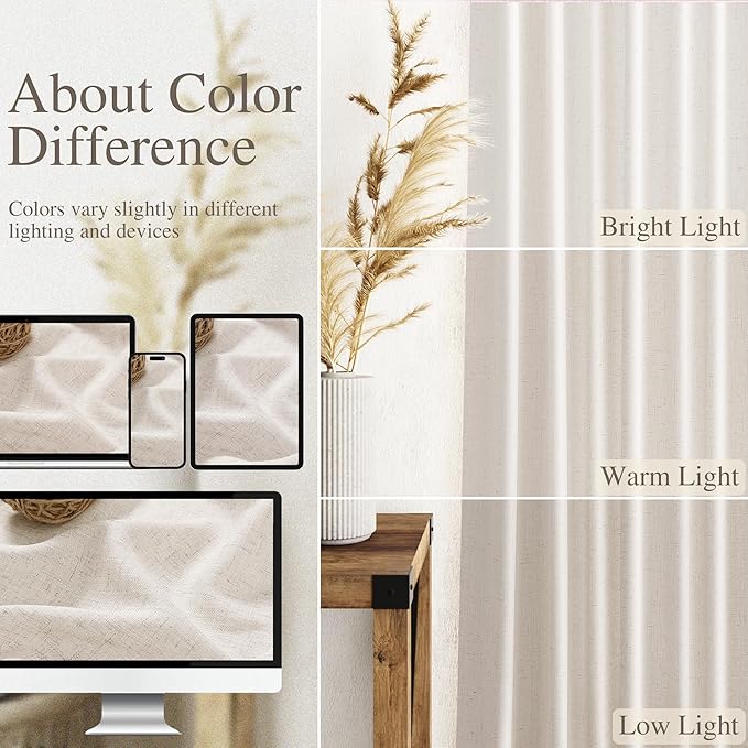 Beige Linen Curtains 80 inches Long for Loving Room Back Tab Light Filtering Privacy Sheer Curtains Rustic Farmhouse Bedroom Decor Cotton Textured Gauze Curtain 2 Panel Set 38x80