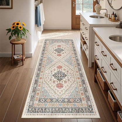 2x5 Rug Runner Washable for Entryway, Soft Bathroom Rugs with Non-Slip Backing,Vintage Low Pile Stair Runner, Small Kitchen Carpet for Hallways, Laundry Room(Blue/Red/Multi,2'x5')