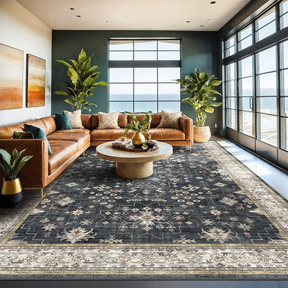 Black Boho Rug for Living Room 9x12 - Washable Dining Room Rugs for Under Table, Vintage Soft Low Pile Carpet for Bedroom, Non-Slip Farmhouse Bohemian Large Tumble Rug for High Traffic Area
