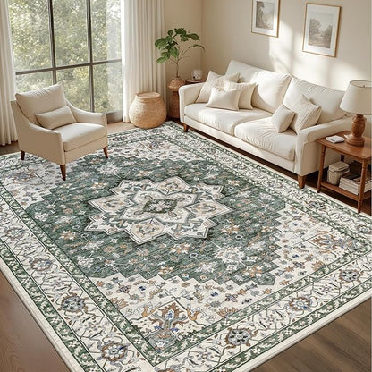 4x6 Area Rugs for Living Room: Washable Rug Soft Vintage Boho Medallion Carpet Indoor Non-Slip Stain Resistant Large Carpets for Bedroom Dining Room Farmhouse Nursery Home Office Green Ivory