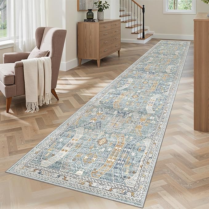 Madane Runner Rugs for Hallway 2x10 Long Washable Non-Slip Hallway Runner Rug Low-Pile Stair Kitchen Runner Soft Throw Carpet for Entrance Living Dining Laundry Room (Blue/Gold, 2 x 10)