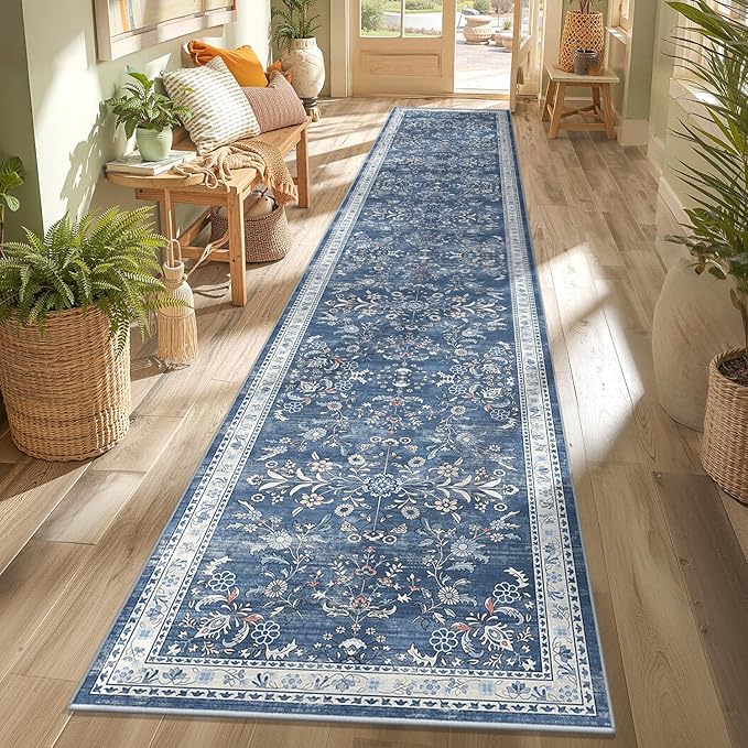 Yamaziot Washable Runner Rug 2x12 – Floral Non Slip Boho Hallway Runner Rug with Rubber Backing, Low Pile Faux Wool Distressed Carpet for Kitchen, Laundry, Bedroom, Entrance, Blue