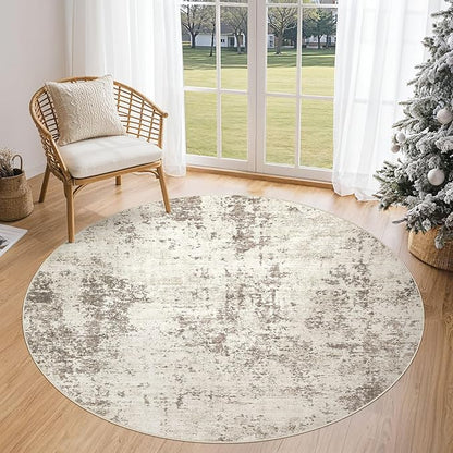 UERMEI 5ft Round Area Rug Living Room Rugs - 5x5 Washable Neutral Modern Abstract Soft Thin Rug Indoor Floor No Slip Rug Carpet for Bedroom Under Dining Table Home Office Decor - Dark Brown