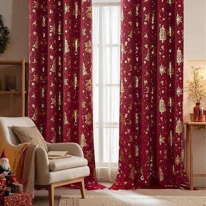NICETOWN 2 Panels Christmas Red Curtains 52 x 84 Inch, Gold Foil Printed Rod Pocket Drapes, Xmas Theme Window Treatment for Holiday Home Decor, Set of 2 Christmas Style Curtain Panels