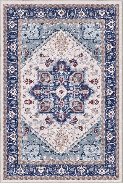 OPPODREAM Soft Throw Rugs 2x3, Small Washable Entryway Rugs 2 x 3 with Non Slip Backing, Low-Pile Faux Cashmere 2 x 3 Carpet, Navy Blue & Red & Cream