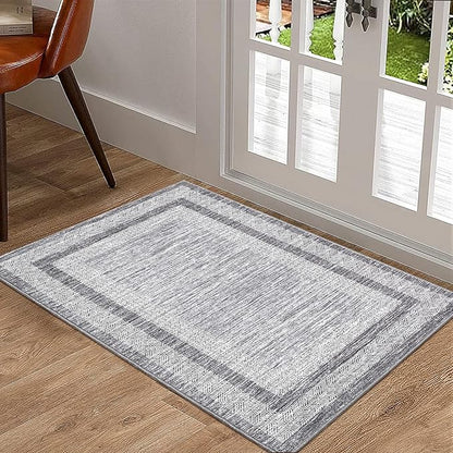 GarveeHome Modern Geometric Area Rug 2x3 Distressed Bordered Washable Non Slip Floor Small Carpet Non Shedding Thin Soft Low Pile Rug, Contemporary Gray Rug for Dining Room, Living Room