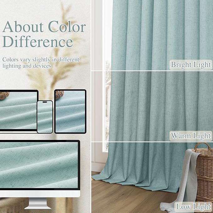 Guken 100% Blackout Linen Curtains 102 Inch Length 2 Panels Set for Living Room Bedroom Back Tab Thermal Insulated Black Out Linen Drapes Room Darkening Window Curtains,Light Blue