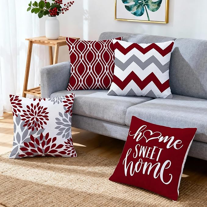 Hexagram Geometric Burgundy Pillow Covers 20x20 Set of 4, Decorative Outdoor Boho Modern Throw Pillow Covers, Home Sweet Home Farmhouse Cushion Case for Couch Sofa Bedroom Indoor Decor(No Insert)