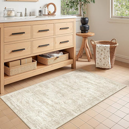2x4 Washable Rug Runner for Bathroom, Soft Entryway Rug for Laundry Room, Kitchen, Vintage Abstract Hallway Runner for Bedroom, Anti-Slip Door Mat Indoor Entrance(2'x4', Beige/Ivory)