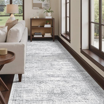 4x12 Runner Rug for Hallway, Low-Pile Wide Runner for Entryway, Long Washable Non-Slip Kitchen Rug, Soft Modern Home Decor Mat for Living, Laundry Room(4'x12', Grey/Ivory)