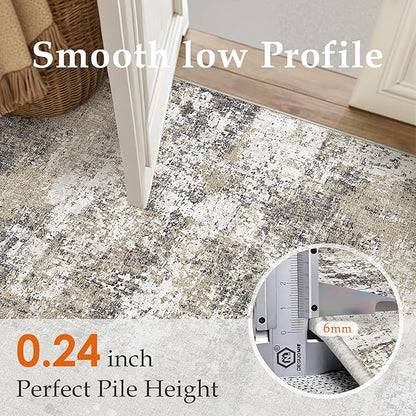 2x6 Abstract Runner Rug Brown Washable Modern Hallway Carpet Non Slip Ultra Soft Neutral Low Pile Contemporary Long Rug for Bathroom Laundry Kitchen Bedroom