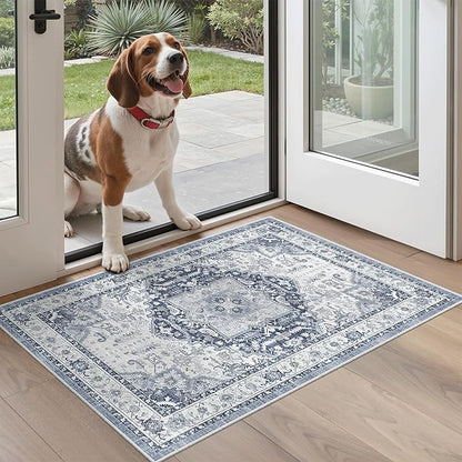 Madane Washable Area Rug 2x3, Small Entryway Rug Non-Slip Vintage Door Mat Indoor Entrance, Low Pile Floor Carpet for Inside Front Door Bedroom Kitchen Entry Laundry (2'x3', Navy/White)