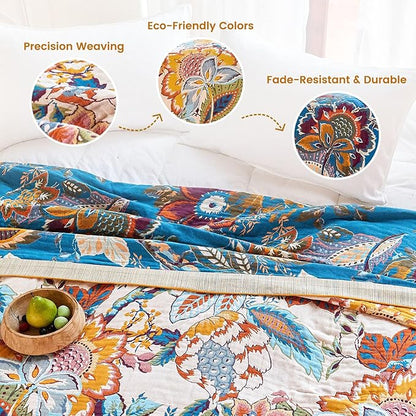 MSGKV Boho Throw Blanket 90"x90" Floral Cotton Blanket for Bed Spring Breathable Lightweight Farmhouse Queen Blankets Home Decor Muslin All Seasons