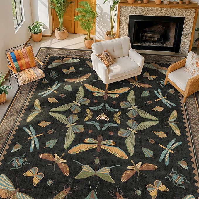 Black Washable 7x9 Large Area Rugs for Living Room, Vintage Insect Soft Rug for Bedroom, Dining Room Under Table, Boho Nature Butterfly Design - Low Pile Non Slip Carpet