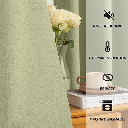 Yakamok Sage Green Linen Curtains 100% Blackout 72 Inches Long,Room Darkening Textured Curtains for Living Room Thermal Grommet Bedroom Curtain 2 Panels with Greyish White Liner