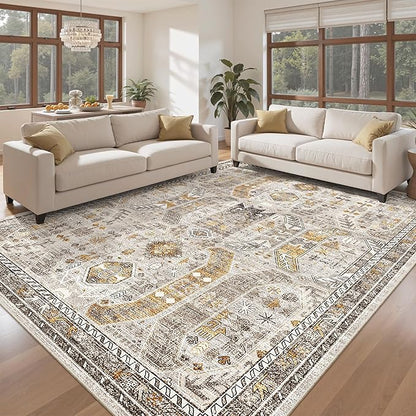 Madane Washable Rug 8x10 Area Rugs for Living Room, Ultra-Thin Non-Slip Backing Rug, Stain Resistant Vintage Large Area Rug for Bedroom (Brown/Gold, 8'x10')