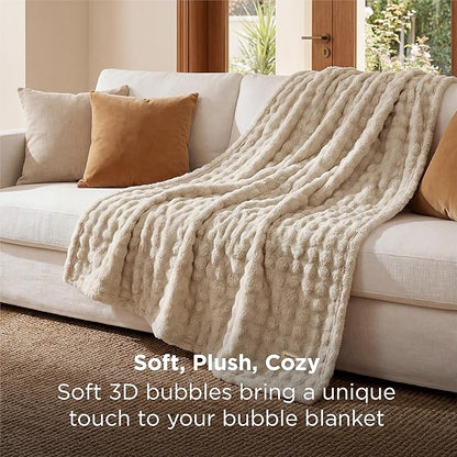 Bedsure 3D Fleece Bubble Blanket for Couch - GentleSoft Beige Twin Blanket for Sofa Bed Room Decor - Luxury Soft Cozy Gifts for Kids, Lightweight, All Seasons, Beige, 60"×80"