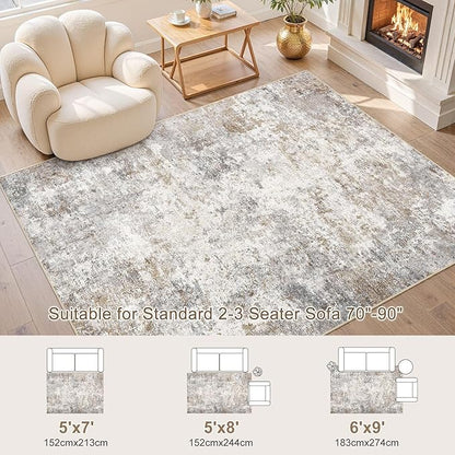5x7 Area Rug Living Room Rugs - Washable Neutral Modern Abstract Soft Thin Large Rug Indoor Floor No Slip Rug Carpet for Bedroom Under Dining Table Home Office Decor - Brown Grey