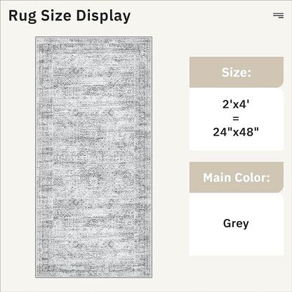 2x4 Washable Rugs for Kitchen, Floor, Entryway, Powder Room Small Area Rug Non-Slip Vintage Low Pile Throw Door Mat Grey