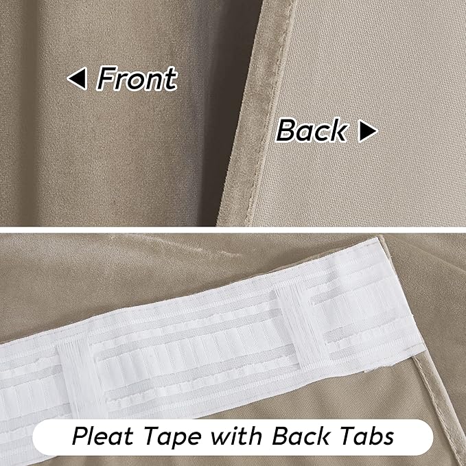RYB HOME Camel Beige Velvet Curtains with Hook Tape, Thermal Insulated Privacy Protect Decorative Drapes for Home Theater, W 62 x L 90 inches, 2 Panels Set