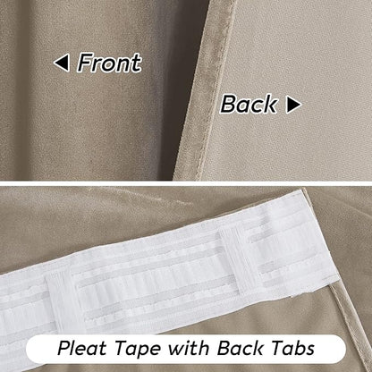 RYB HOME Camel Beige Velvet Curtains with Hook Tape, Thermal Insulated Privacy Protect Decorative Drapes for Home Theater, W 62 x L 90 inches, 2 Panels Set
