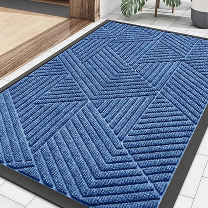 Smiry Front Door Mat Outside Entrance, Heavy Duty Sturdy Natural Rubber Doormat, Trap Dirt and Moisture, Easy Clean Low Profile Welcome Floor Mats for Indoor Outdoor Entry, 35X23 Inch, Blue