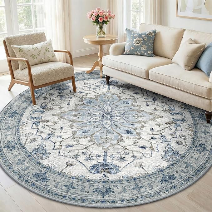 RELEANY Area Rugs 5ft Washable Non-Slip, Floral Vintage Distress Print Pattern Medallion Carpet for Living Room Bedroom Dining Room, Light Blue Navy Beige Gray White
