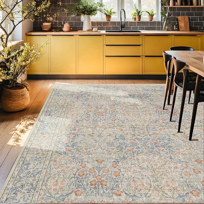 Vintage Washable Beige Blue 10x12 Rug for Living Room - Extra Large Area Rug for Dining Room Under Table, Bedroom - Botanical Floral Design with Purple Accent, Non-Slip Lightweight Soft Low Pile