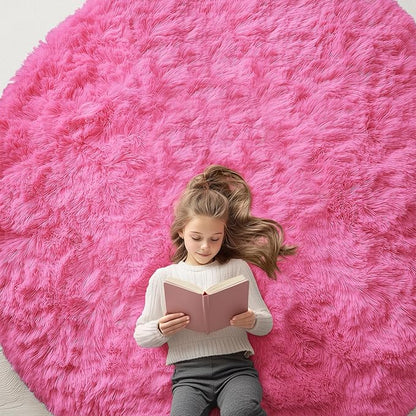OLANLY Hot Pink Round Rugs for Bedroom - Machine Washable, 7 ft Circle Area Rugs for Living Room, Soft and Fluffy Shaggy Carpet for Teen Girls and Boys, Nursery Rooms, Dorms, Home Decor Aesthetic