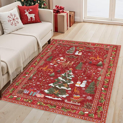 UERMEI Christmas Area Rug Living Room Rugs: 4x6 Neutral Modern Washable Festive Soft Thin Non-Slip Indoor Carpet for Bedroom Dining Table and Home Office Holiday Decor - Red
