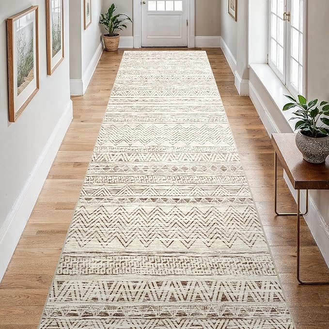 4x12 Washable Hallway Runner Rug：Moroccan Non-Slip Wide Runners for Entryway Kitchen Soft Modern Geometric Low-Pile Rugs for Living Room Thin Waterproof Carpet for Bedroom Bathroom Laundry(Beige,4x12)