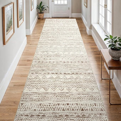 4x12 Washable Hallway Runner Rug：Moroccan Non-Slip Wide Runners for Entryway Kitchen Soft Modern Geometric Low-Pile Rugs for Living Room Thin Waterproof Carpet for Bedroom Bathroom Laundry(Beige,4x12)