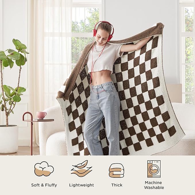Bedsure Gentlesoft Checkered Twin Blanket for Couch - Soft Cozy & Warm Knit Brown Throw Blanket, Breathable, Lightweight & Fluffy Plaid Blankets for Bed & Sofa, Gifts for Women Men, 60x80 Inches
