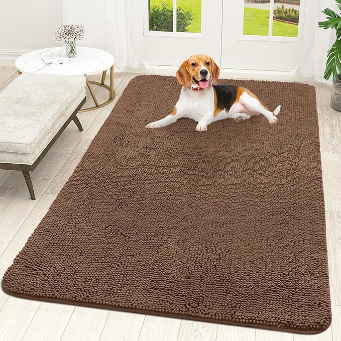 OLANLY Dog Door Mat for Muddy Paws 59x35, Absorbs Moisture and Dirt, Absorbent Non-Slip Washable Doormat, Quick Dry Chenille Mud Mat for Dogs, Entry Indoor Entryway Carpet for Inside Floor, Mocha
