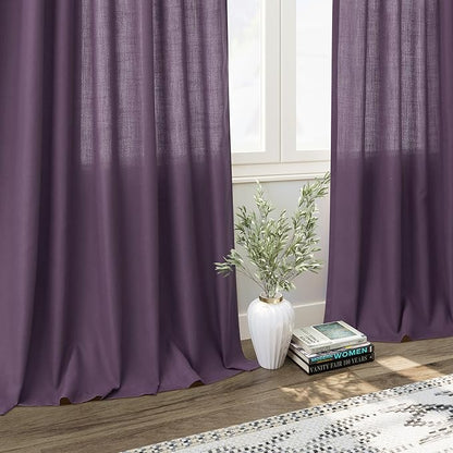 Nanspring Plum Linen Curtains 96 Inches Long 2 Panels Set for Living Room Rod Pocket Back Tab Semi Sheer Light Filtering Protect Privacy Plum Curtain for Bedroom Floor Length 52x96