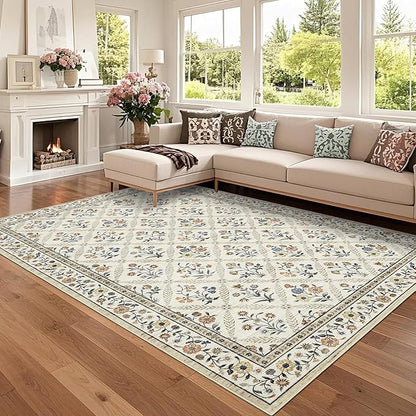 GarveeHome Living Room Rug 5x7 Rug Machine Washable Stain Resistant Area Rug Non Slip Floral Vintage Low Pile Rugs for Living Room, Bedroom, Farmhouse, Dining Room, Kids PlayroomBeige Sand