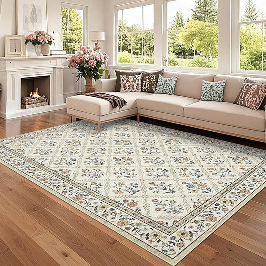 GarveeHome Living Room Rug 5x7 Rug Machine Washable Stain Resistant Area Rug Non Slip Floral Vintage Low Pile Rugs for Living Room, Bedroom, Farmhouse, Dining Room, Kids PlayroomBeige Sand