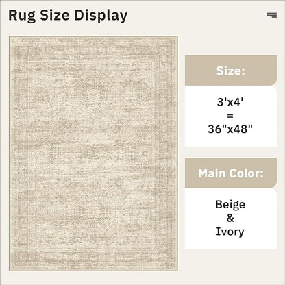 3x4 Rug, Small Area Rug for Kitchen, Entryway, Machine Washable Non-Slip Throw Rug, Vintage Carpet for Nursery Coffee Table Beige