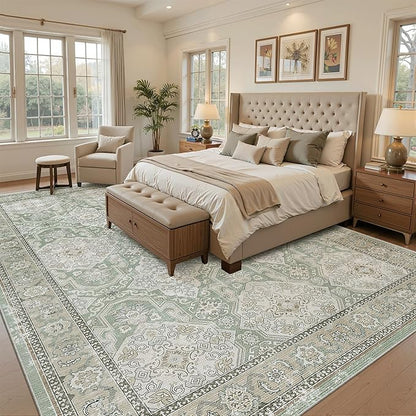 8x10 Area Rugs, Washable Rugs, Large Stain Resistant Area Rug for Living Room Bedroom Dining Room, Vintage Farmhouse Rug Green