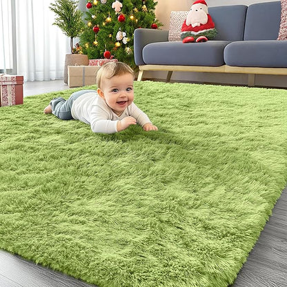OLANLY Area Rugs for Living Room Bedroom, Machine Washable 4x5.9 ft Soft Fluffy Shaggy Bedside Rug, Indoor Floor Carpet for Kids Girls and Boys, Dorms, Nursery Rooms, Home Decor Aesthetic, Grass Green