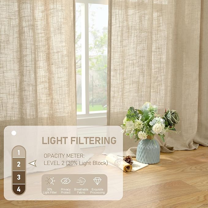 LAMIT Brown Linen Cafe Curtains 30 Inch Length, Semi Sheer Light Filtering Window Panels Back Tab and Rod Pocket Drapes for Kitchen/Small Windows, 25 x 30 Inch, 2 Panels