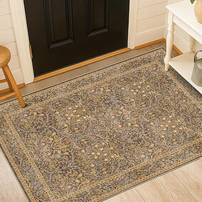Vintage Floral Brown 3x5 Area Rugs for Entryway, Kitchen, Bathroom, Bedroom Beside Rug, Laundry Room, Non-Slip Low Pile Ultra Soft Stain Resistant Small Gold and Taupe Carpet