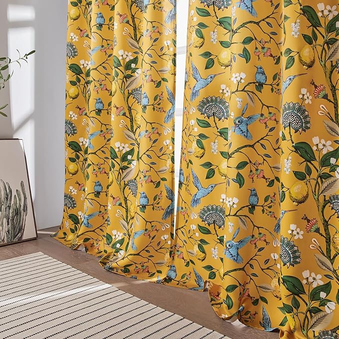 Topfinel Mustard Yellow Curtains, Aesthetic Unique Rustic Thermal Insulated Noise Reducing Cottagecore Floral Flower Printed Modern Farmhouse Window Treatment 63 Inch Length 2 Panels Bedroom 52x63