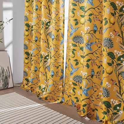 Topfinel 90 Inches Long Curtains & Drapes 2 Panels, Unique Nature Luxury Elegant Colorful Dark Floral Hummingbird Patterned Rustic Mustard Yellow Grommet Drapes for Classroom Room Office Closet 52x90