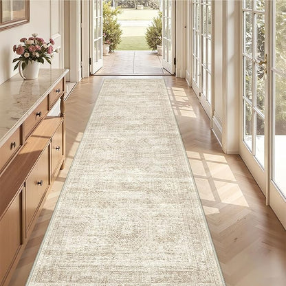 3x12 Runner Rug for Hallway, Non-Slip Long Bathroom Rugs Runner for Kitchen, Bedroom, Soft Vintage Abstract Washable Rug for Entryway, Thin Floor Mat for Dining Room(3'x12', Beige/Ivory)