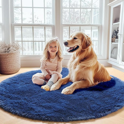 ONASAR Navy Blue Round Area Rugs 5ft, Soft Bedroom Circle Rug Floor Mat for Kids Girls Boys Teen Room, Fluffy Plush Shaggy Carpet for Baby Nursery Living Room Playroom Dorm Home Decor