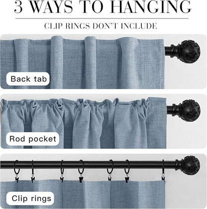 RYB HOME Smoky Blue 100% Blackout Linen Curtains 72 inch Long, Thermal Insulated & Privacy Assurd Drapes for Bedroom/Office/Nursery, Rod Pocket & Back Tab Window Treatment, W52 X L72, 2 Panels